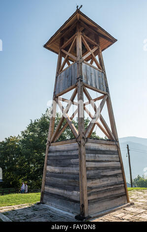 Wooden bell tower of Saint Sava church in Drvengrad village also called Kustendorf built by Emir Kusturica in Serbia Stock Photo