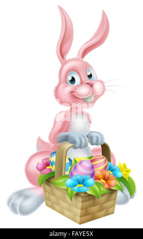 Pink cartoon Easter bunny rabbit holding an Easter basket full of Easter Eggs and flowers Stock Photo