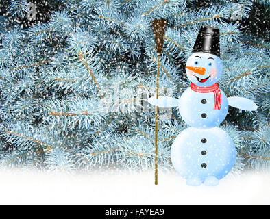 fabulous snowman and snow falling on the background of New Year tree Stock Photo