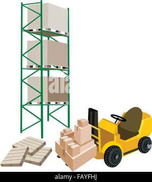 Powered Industrial Forklift, Fork Heavy Machine, Fork Truck or Lift Truck Loading A Stack of Sealed Cardboard Boxes in Industria Stock Vector
