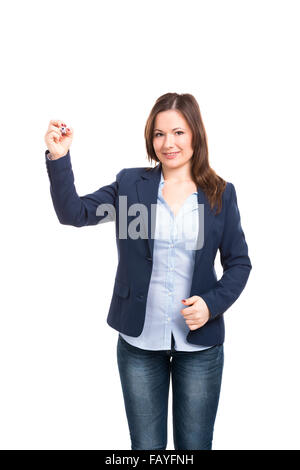 Beautiful woman drawing on a glass board, isolated over white background Stock Photo