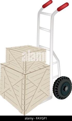 Hand Truck or Dolly Loading Two Wooden Crate or Cargo Box Isolated on White Background, Ready for Shipping or Delivery. Stock Vector