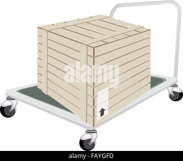 Hand Truck or Dolly Loading A Wooden Crate or Cargo Box Isolated on White Background, Ready for Shipping or Delivery. Stock Vector