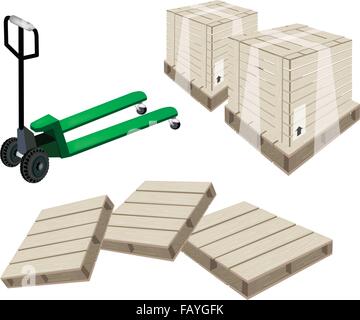 A Fork Pallet Truck Loading A Wooden Crate or Cargo Box Isolated on White Background, Ready for Shipping or Delivery. Stock Vector