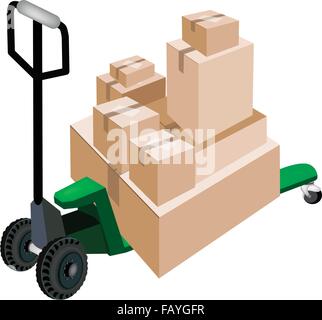 Fork Pallet Truck Loading A Stack of Sealed Cardboard Boxes Isolated on White Background, Ready for Shipping or Delivery. Stock Vector