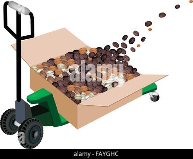Fork Pallet Truck Loading Cardboard Boxes full with Roasted Coffee Beans Stack Isolated on White Background, Ready for Shipping Stock Vector