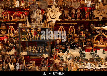 Wooden toys on sale at the Striezelmarkt (Christmas market) in Dresden, Germany. Stock Photo