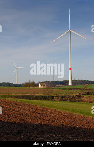 Wind turbines on the edge of Steigerwald, Franconia, Bavaria, Germany.