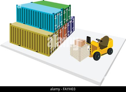 Powered Industrial Forklift, Fork Heavy Machine, Fork Truck or Lift Truck Loading A Stack of Sealed Cardboard Boxes and Shipping Stock Vector