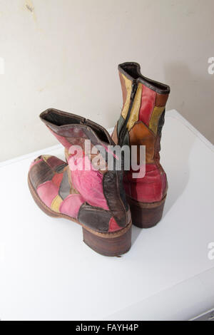 A pair of 1970s patchwork mens platform soled boots Stock Photo