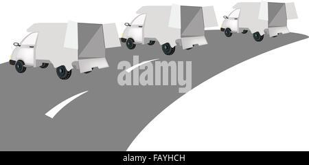 Illustration of Three Delivery Van on The Road for Trucking Products and Materials, Ready for Shipping or Delivery. Stock Vector