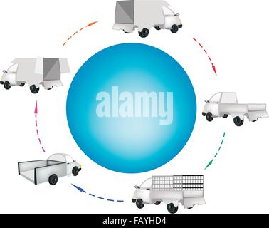 Various Type of Pickup Truck and Delivery Van Around A Blue Circle Banner for Trucking Products and Materials, Ready for Shippin Stock Vector