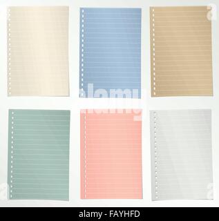 Set of colorful notebook papers with white lines on light gray background Stock Vector