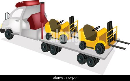 A Flatbed Truck or Flatbed Articulated Lorry Trucking Construction Forklift, Fork Heavy Machine, Fork Truck or Lift Truck Isolat Stock Vector
