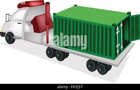 A Green Freight Container on The Back of A Flatbed Truck, Tractor Trailer or Flatbed Articulated Lorry for Trucking Products and Stock Vector