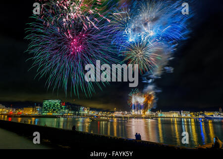 Fireworks during a Summer Festival, Cultural Night, Reykjavik, Iceland Stock Photo