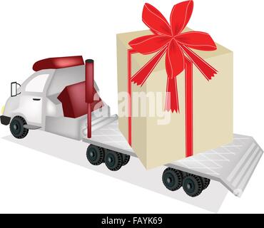 A Flatbed Truck, Tractor Trailer or Flatbed Articulated Lorry Delivering Huge Lovely Gift Boxes with Red Ribbon and Bow, A Perfe Stock Vector