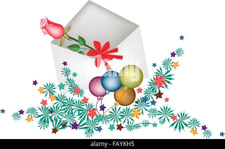 A Lovely Red Rose in White Envelope and Christmas Ball or Christmas Ornament, Sign for Start Christmas Celebration. Stock Vector