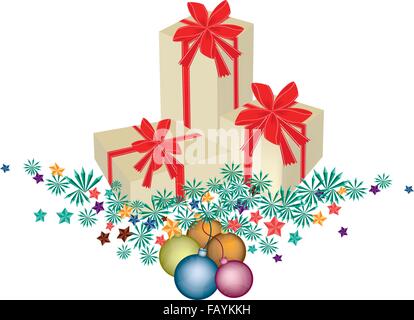 Three Gift Boxes Decorated on Christmas Tree Branches and Christmas Balls or Christmas Ornaments Decorated, Perfect Gift or Pres Stock Vector