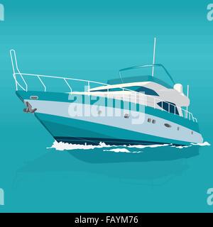 Nice blue motor boat on sea – fishing on a ship – background for poster - flatten isolated illustration master vector icon Stock Vector