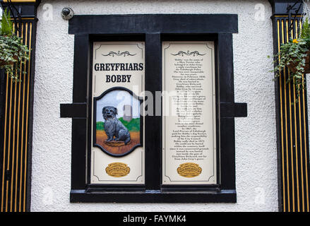EDINBURGH, SCOTLAND - JANUARY 3RD 2016: An information board at the Greyfriars Bobby Public House detailing the history of Greyf