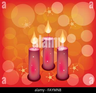 Three Christmas Candles with Snowflake and Bokeh Lights on Red Color Festive Background with Copy Space for Text Decorated. Stock Vector