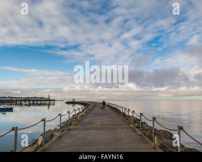 Herne Bay, Kent, UK. 6th January, 2016. A man walks his dog along the harbour wall promenade  on a bright but cloudy morning after a few days of heavy rain in Kent. Credit:  CBCK-Christine/Alamy Live News Stock Photo