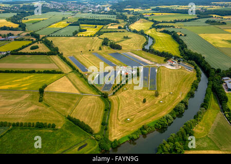 Aerial view, waterworks in the Ruhrauen, waterworks Hamm, clarifiers, Ruhr Valley, the Ruhr, infiltration ponds, Fröndenberg, Stock Photo