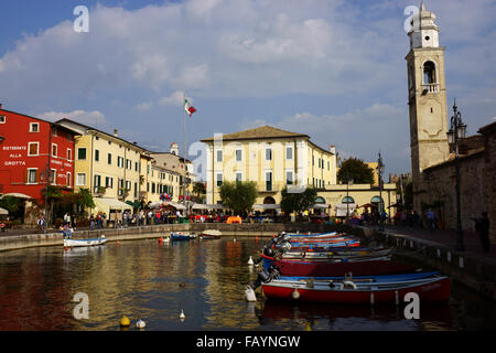 Harbor, church San Nicolo and historic town of Lazise, Lake Garda, Province Verona, Italy Stock Photo