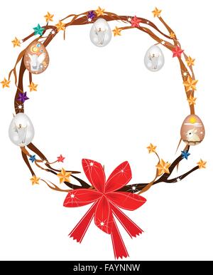 Christmas Wreath of Tree Branch Decorated with Christmas Ornaments, Stars, Easter Eggs and Red Bow, Sign for Christmas Celebrati Stock Vector