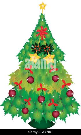 Christmas Tree of Green Maple Leaves Decorated with Lovely Apple, Star Ornaments and Red Ribbon with Golden Star Tree Topper, Si Stock Vector