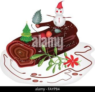 A Traditional Christmas Cake, Yule Log Cake or Buche de Noel with Mistletoe Bunch for Christmas Celebration, Isolated on White B Stock Vector