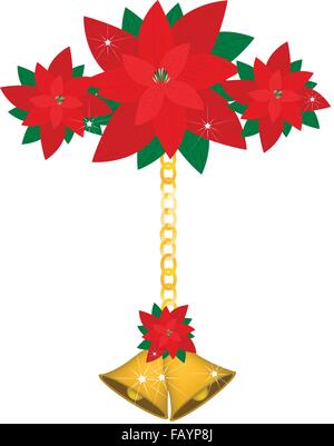 Two Christmas Bells with Lovely Red Bow Hanging on Red Poinsettia Flowers, Sign for Christmas Celebration Isolated on White Back Stock Vector