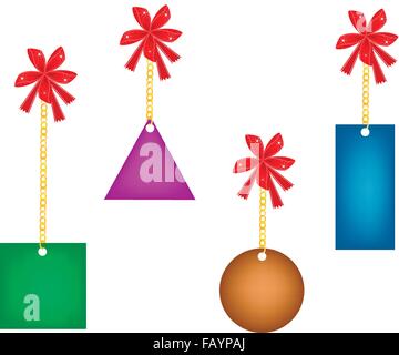 Sale Tag of Square Shape, Round Shape, Oval Shape and Triangle Shape Holding on A Golden Chain and Red Ribbon with Copy Space fo Stock Vector