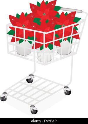 Ecological Concept, A Shopping Cart Full with A Beautiful Christmas Poinsettia Flower in Flowerpotfor Garden Decoration, Sign fo Stock Vector