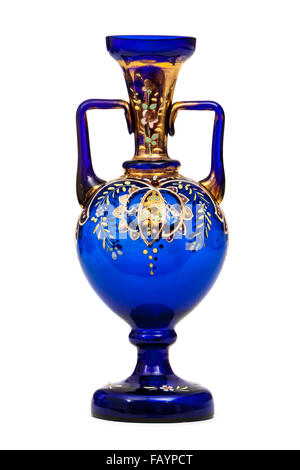 Antique hand painted cobalt blue glass vase Stock Photo