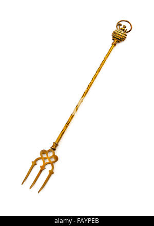 Antique brass souvenir toasting fork featuring a crinoline lady at the top with the inscription "Esmeralda" Stock Photo