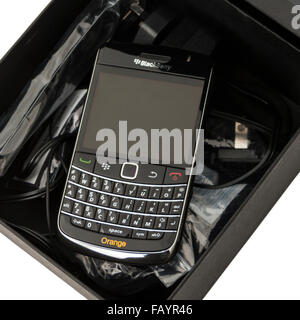 Blackberry Bold 9900 smartphone from 2011 with full physical QWERTY keyboard Stock Photo