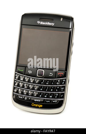 Blackberry Bold 9900 smartphone from 2011 with full physical QWERTY keyboard Stock Photo