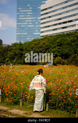 Japanese woman in kimono Hama Rikyu Gardens Tokyo Japan Stock Photo