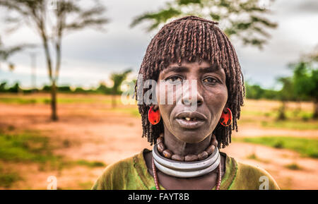 Woman from the Hamar tribe at a local market in south Ethiopia. Stock Photo