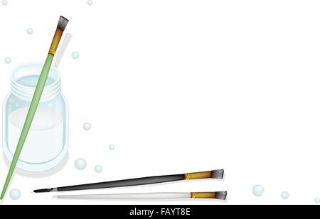 Art Supply, Three Craft Paintbrushes or Artist Brushes with A Glass Jar Preparing for Draw and Paint A Picture Isolated on White Stock Vector