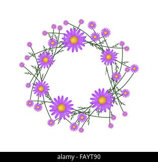 Symbol of Love, Illustration of Beautiful Crown or Laurel Wreath of Fresh Purple Daisy Flowers Isolated on White Background. Stock Photo