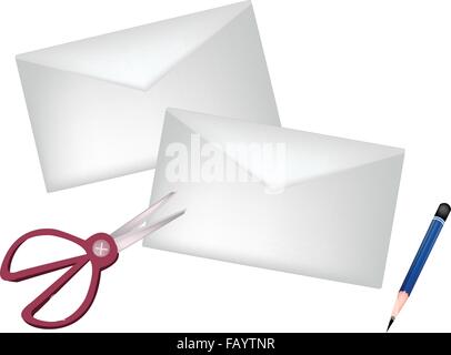 Two Envelopes with A Pair of Scissors and A Sharpened Detailed Pencil Isolated on White Background. Stock Vector