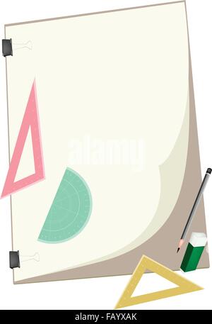 A Sharpened Pencil and Eraser with Geometric Rulers and Protractor Laying on Art Board or Artist Clipboard for Sketch and Draw A Stock Vector
