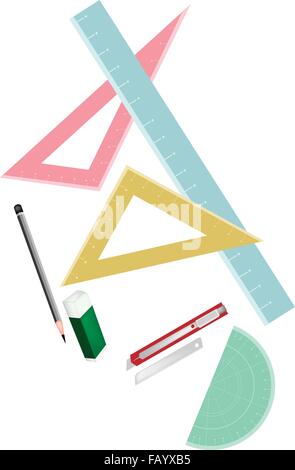 Drawing Equipment, A Collection of Geometric Rulers and Protractor with A Sharpened Pencil and Eraser for Sketch and Draw An Arc Stock Vector