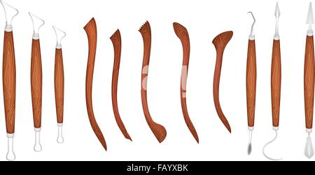 An Illustration Collection of Sculpting Tools Used To Cut and Sculpt The Clay for Create A Sculpture Isolated on White Backgroun Stock Vector