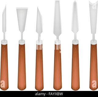 An Illustration Collection of Carving Tools Used To Cut and Sculpt A Piece of Wood or Stone for Create A Sculpture Isolated on W Stock Vector