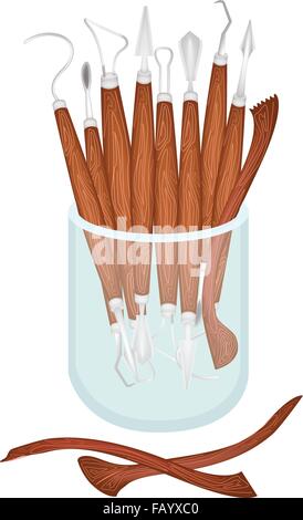 An Illustration Collection of Sculpting Tools in A Glass Jar, Used To Cut and Sculpt The Clay for Create A Sculpture. Stock Vector