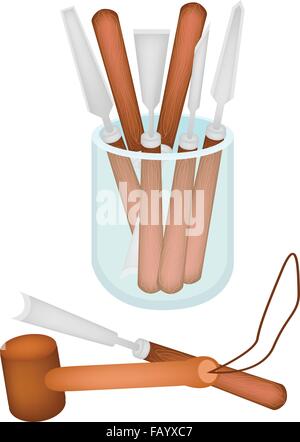An Illustration Collection of Carving Tools in A Glass Jar, Used To Cut and Sculpt A Piece of Wood or Stone for Create A Sculptu Stock Vector